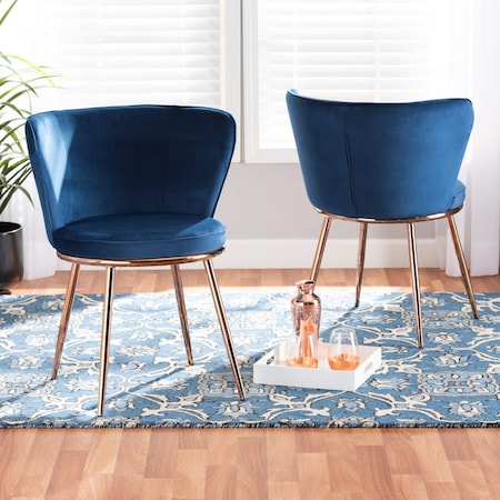 Baxton Studio Farah Glam and Luxe Navy Blue Velvet Upholstered and Rose Gold Finished Metal Dining Chair Set PR 192-2PC-12059-ZORO